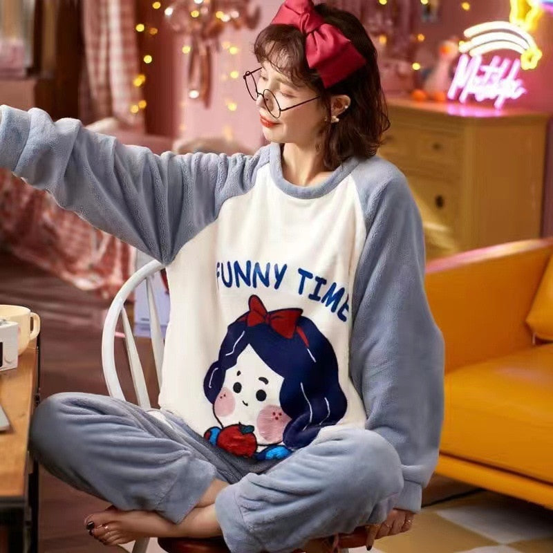 Anychic Pajama Set Sky Blue Snow White Large Winter Long Sleeved Thickened Coral Velvet Warmth Female Homewear Suit