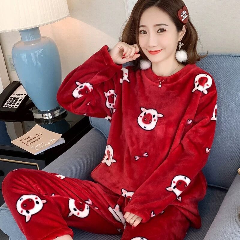 Anychic Pajama Set Red Large Winter Long Sleeved Thickened Coral Velvet Warmth Female Homewear Suit