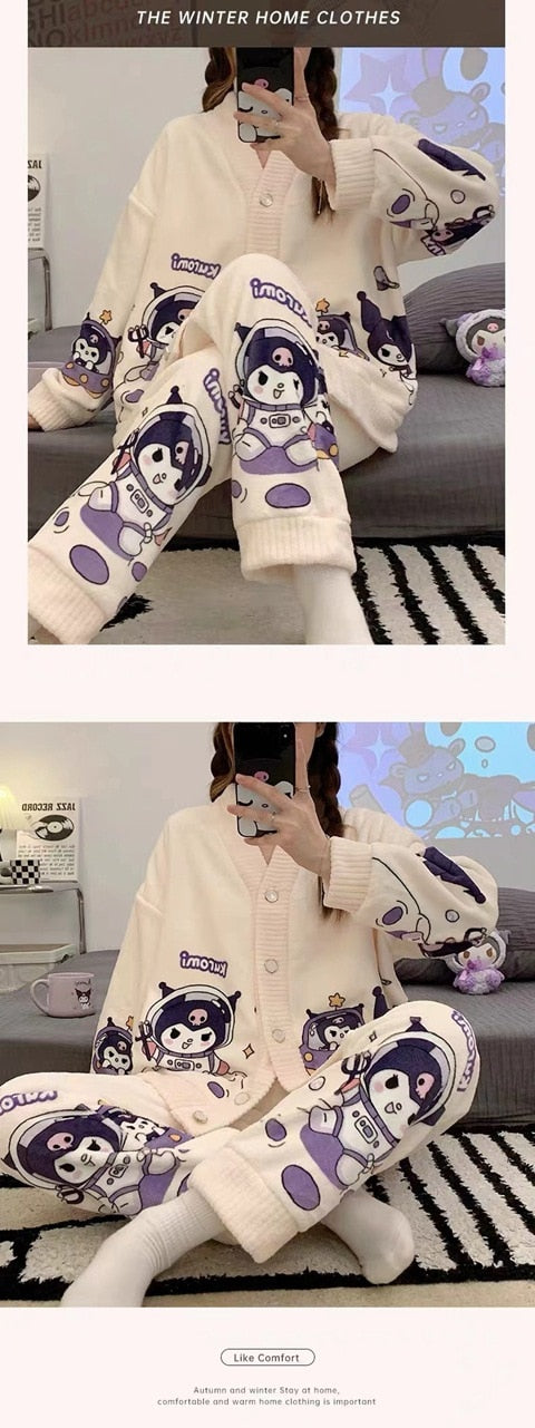 Anychic Pajama Set White Purple Bunny Large Thickened Coral Cardigan Nightwear Cartoon Flannel Home Wear Outworn Homewear Suit