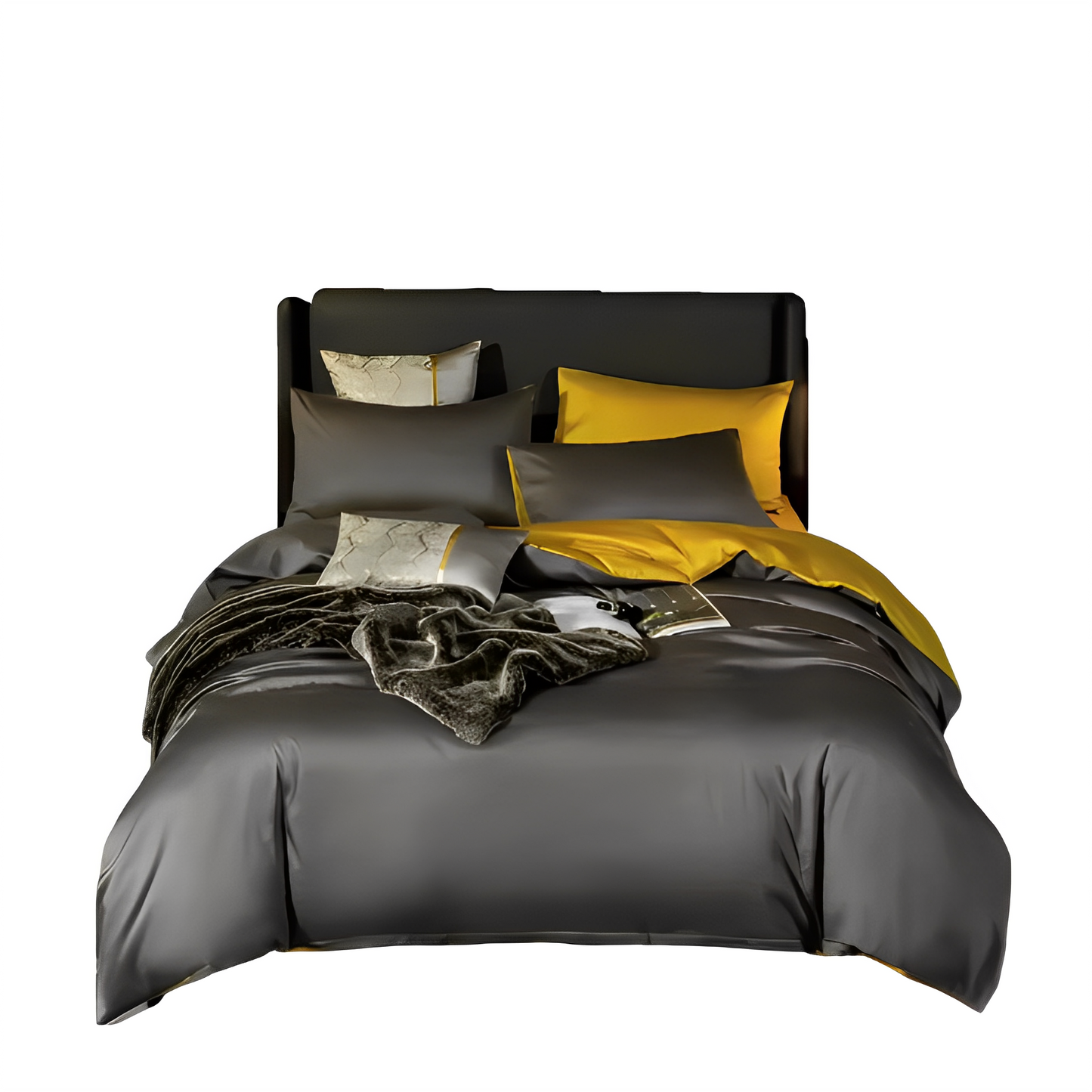 Anycozy Duvet Comforter Set King Deep Grey/ Yellow Blanket Bedspread 6 Pcs Bed Set