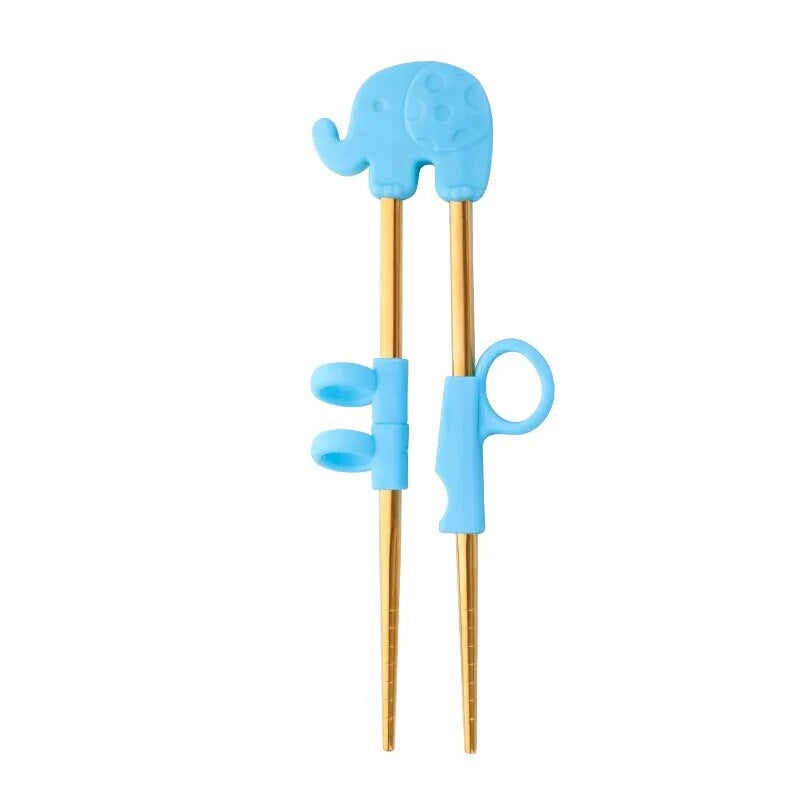 AnyGleam Chop Stick Blue Elephant 1 Pair Reusable Gold  Stainless Steel Cartoon