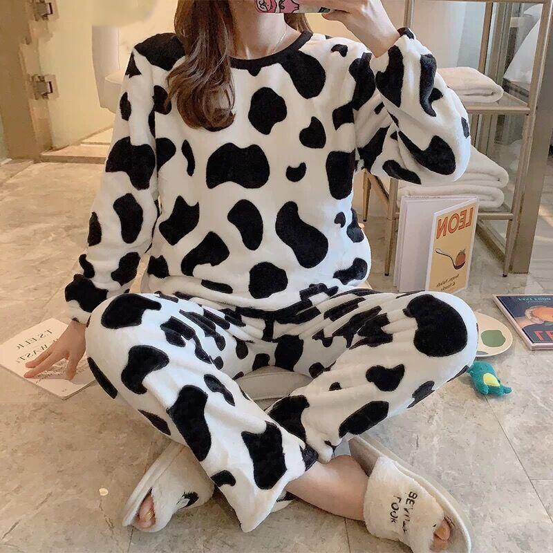 Anychic Pajama Set White Cow Large Winter Long Sleeved Thickened Coral Velvet Warmth Female Homewear Suit