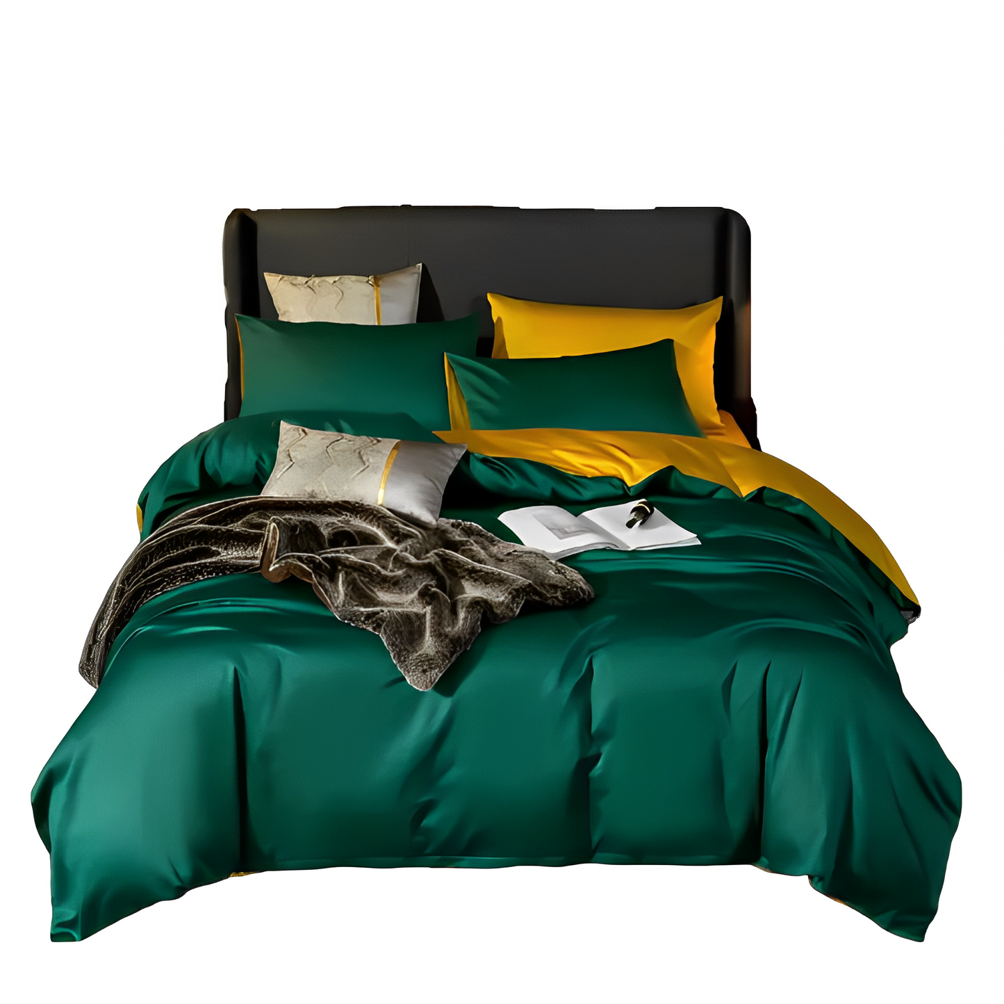 Anycozy Duvet Comforter Set Full Deep Green/ Yellow Blanket Bedspread 4 Pcs Bed Set