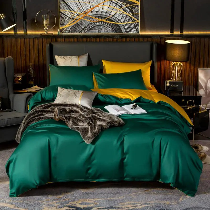 Anyhouz Duvet Comforter Set Full Deep Green/ Yellow Blanket Bedspread 4 Pcs Bed Set