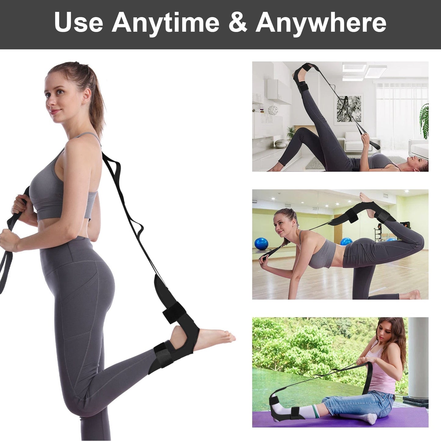 Anyfit Yoga Band Stretcher Solid Black Strap Resistance Belt