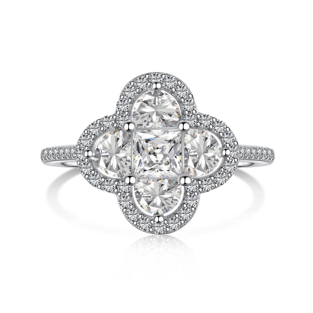 Anyco Ring 18K Silver Plated Four Leaf Clover Diamond Rings