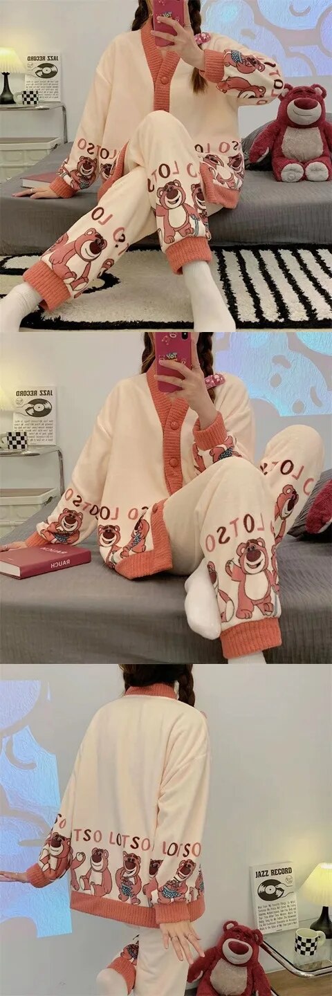 Anychic Pajama Set White Pink Bear Large Thickened Coral Cardigan Nightwear Cartoon Flannel Home Wear Outworn Homewear Suit