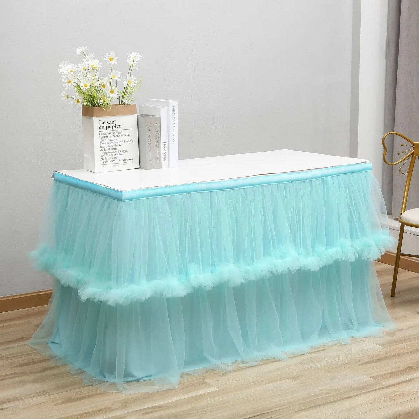 Anyhouz Table Skirt Blue Wedding Tulle Mesh Dining Table Decoration Table Cover For Wedding Reception Banquet 6FT