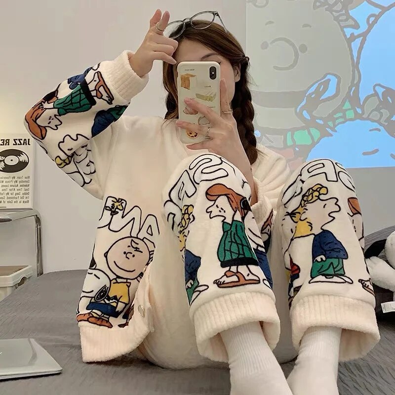 Anychic Pajama Set White Cartoon Large Thickened Coral Cardigan Nightwear Cartoon Flannel Home Wear Outworn Homewear Suit