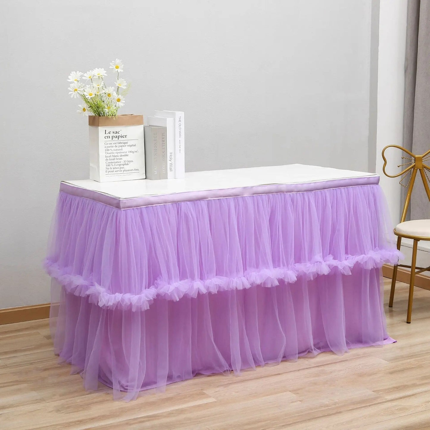 Anyhouz Table Skirt Purple Wedding Tulle Mesh Dining Table Decoration Table Cover For Wedding Reception Banquet 6FT