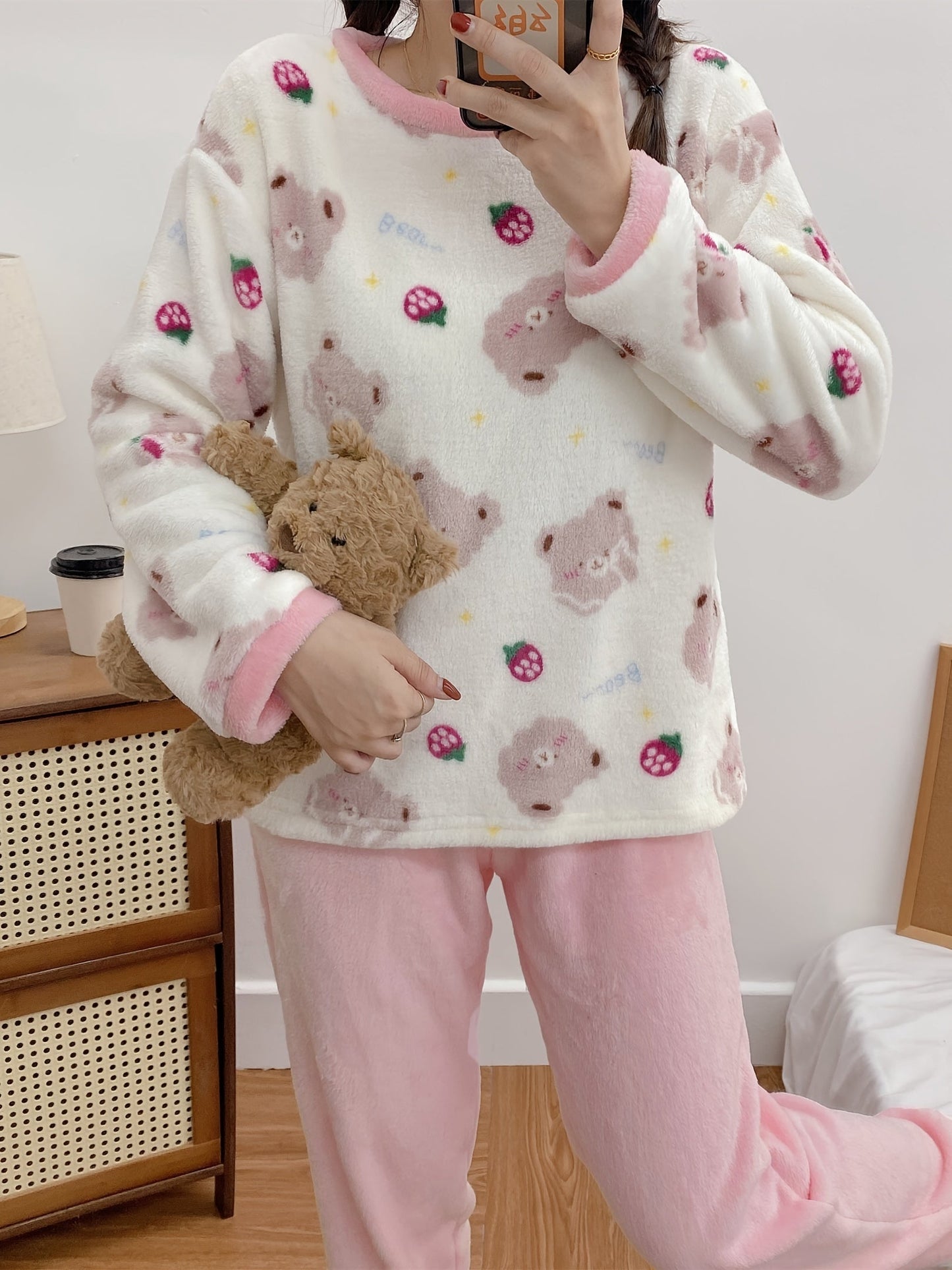 Anychic Pajama Set Pink Strawberry Large Winter Long Sleeved Thickened Coral Velvet Warmth Female Homewear Suit