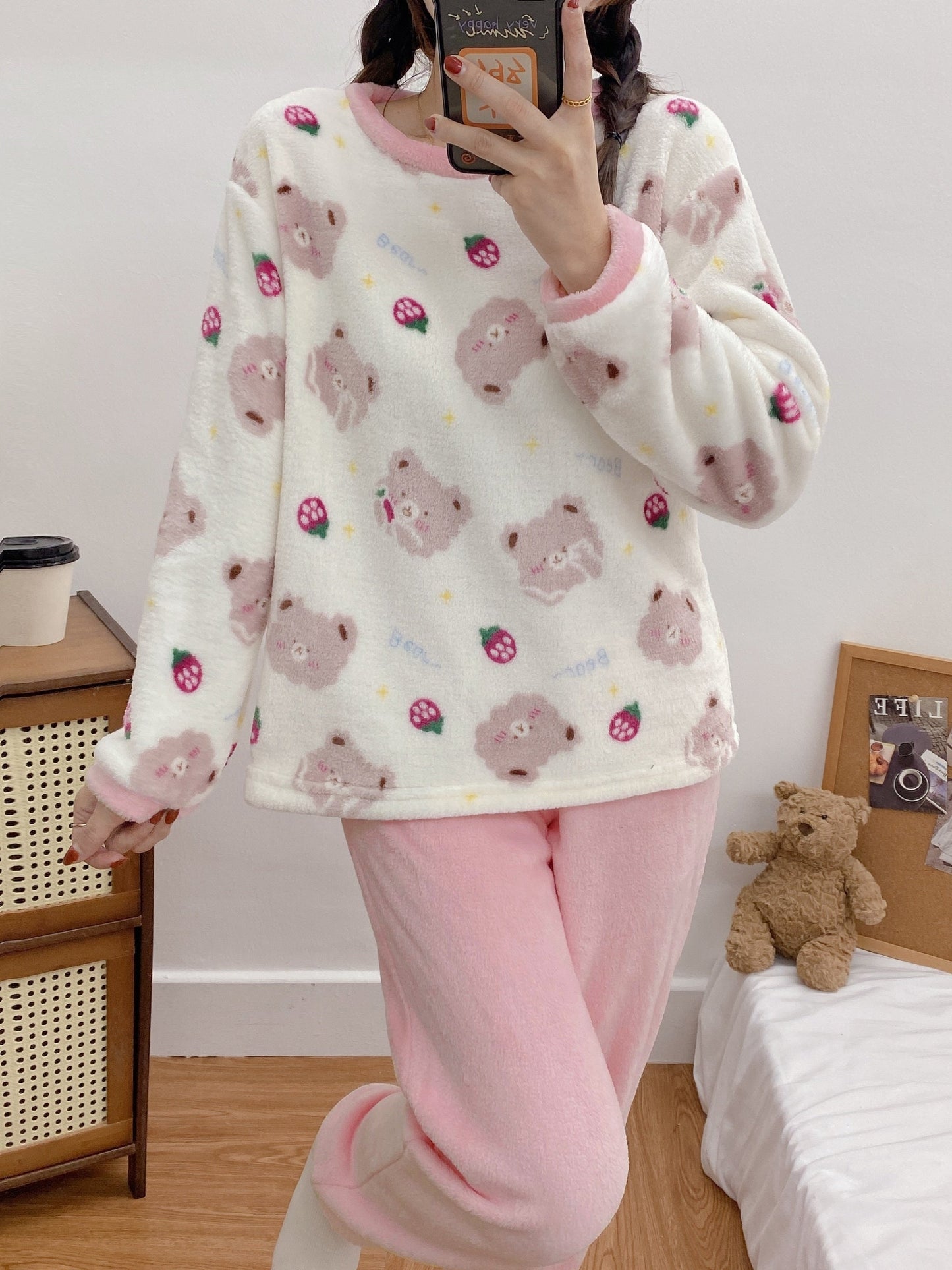 Anychic Pajama Set Pink Strawberry Large Winter Long Sleeved Thickened Coral Velvet Warmth Female Homewear Suit