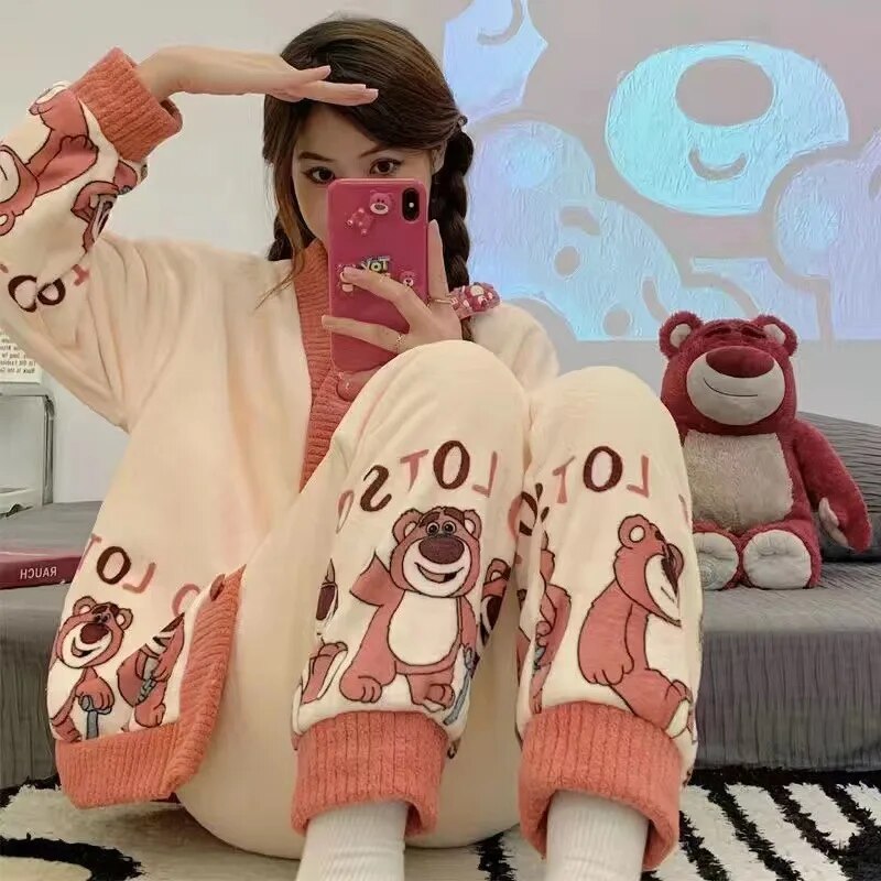 Anychic Pajama Set White Pink Bear Large Thickened Coral Cardigan Nightwear Cartoon Flannel Home Wear Outworn Homewear Suit