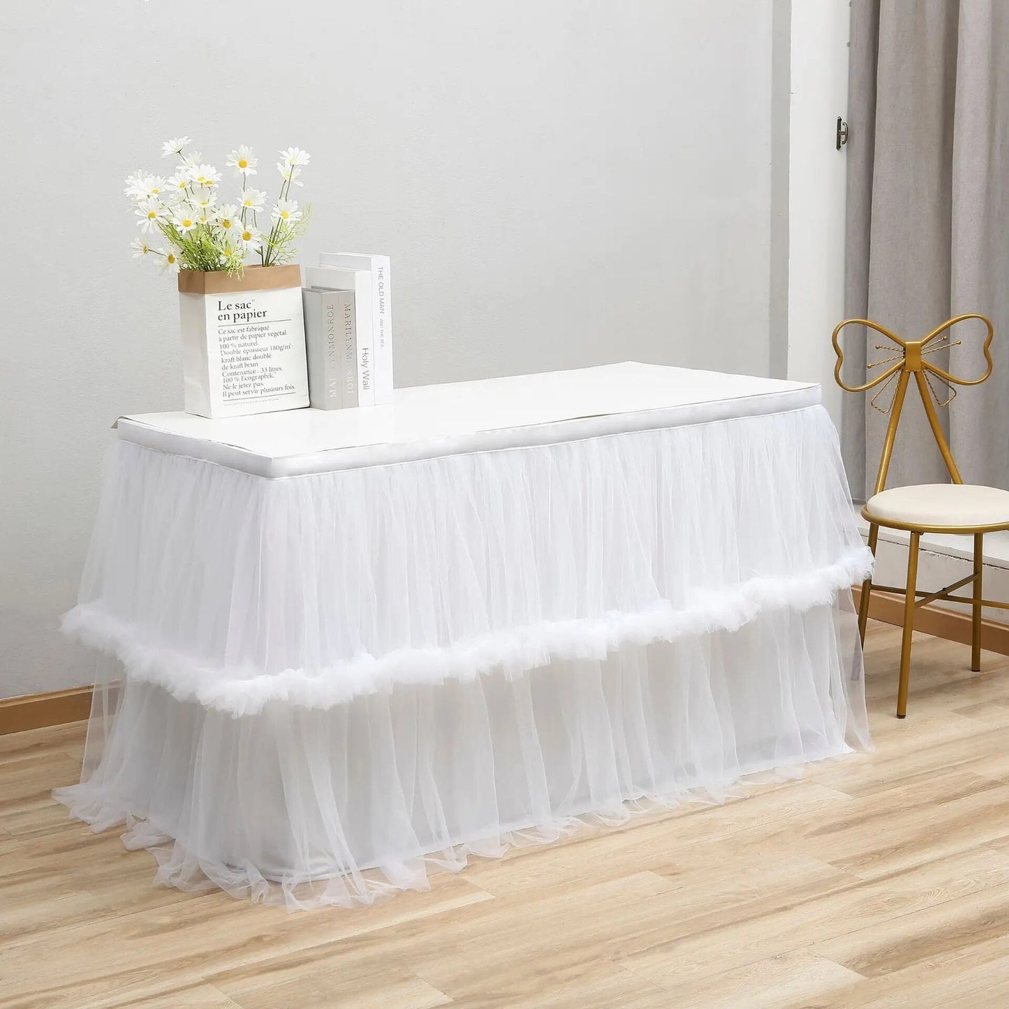 Anyhouz Table Skirt Champagne Wedding Tulle Mesh Dining Table Decoration Table Cover For Wedding Reception Banquet 6FT