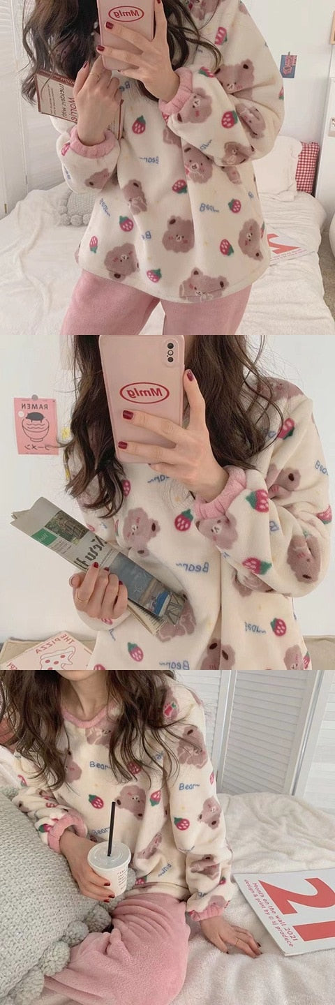 Anychic Pajama Set Pink Strawberry Large Winter Long Sleeved Thickened Coral Velvet Warmth Female Homewear Suit