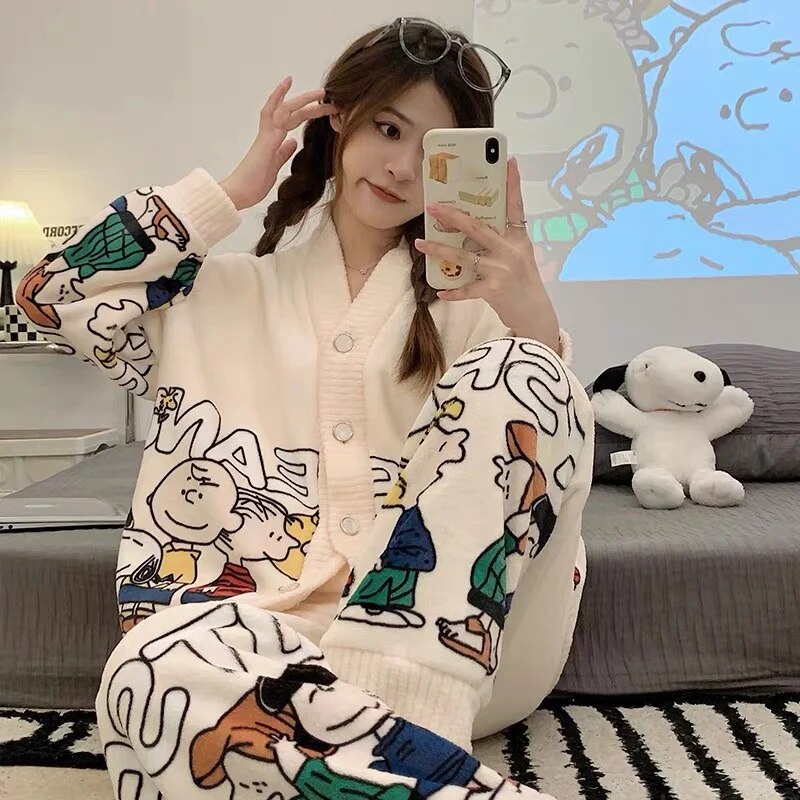 Anychic Pajama Set White Cartoon Large Thickened Coral Cardigan Nightwear Cartoon Flannel Home Wear Outworn Homewear Suit