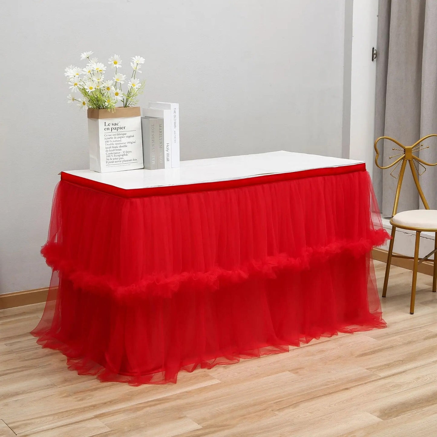 Anyhouz Table Skirt Champagne Wedding Tulle Mesh Dining Table Decoration Table Cover For Wedding Reception Banquet 6FT