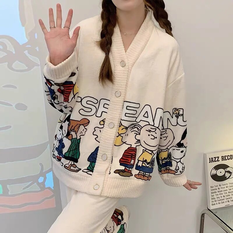 Anychic Pajama Set White Cartoon Large Thickened Coral Cardigan Nightwear Cartoon Flannel Home Wear Outworn Homewear Suit