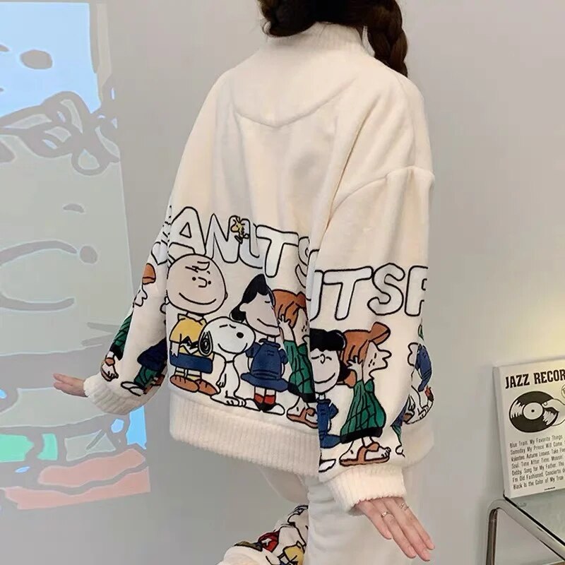 Anychic Pajama Set White Cartoon Large Thickened Coral Cardigan Nightwear Cartoon Flannel Home Wear Outworn Homewear Suit