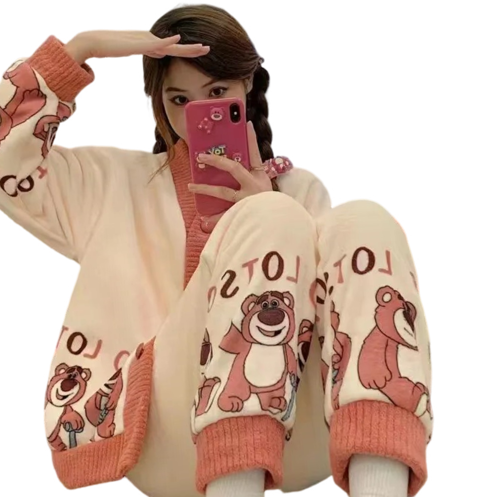 Anychic Pajama Set White Pink Bear Large Thickened Coral Cardigan Nightwear Cartoon Flannel Home Wear Outworn Homewear Suit