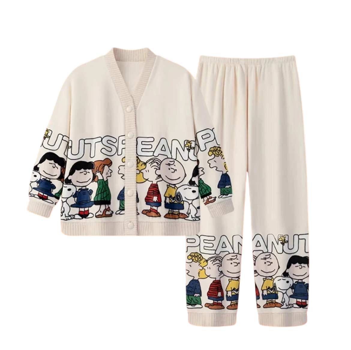 Anychic Pajama Set White Cartoon Large Thickened Coral Cardigan Nightwear Cartoon Flannel Home Wear Outworn Homewear Suit