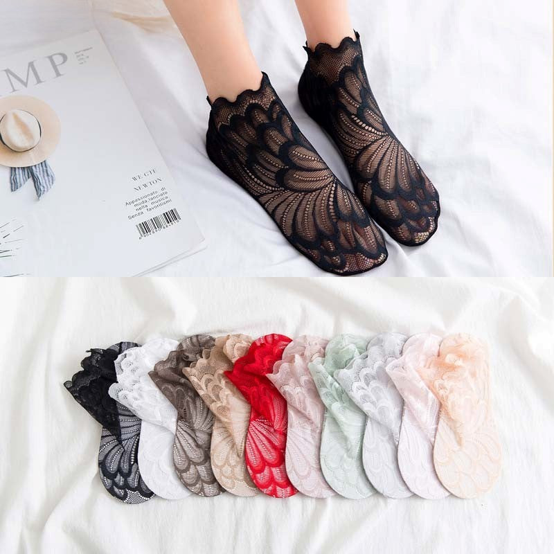 Anysox 5 Pairs One Size 4-5 Khaki Ankle Socks With Lace Peacock Flower Design