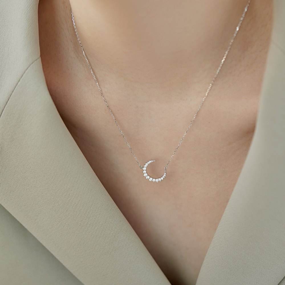 Anyco Necklace Silver Jewelry 925 Sterling Silver 18K Gold Plated Rhinestone Moon Design