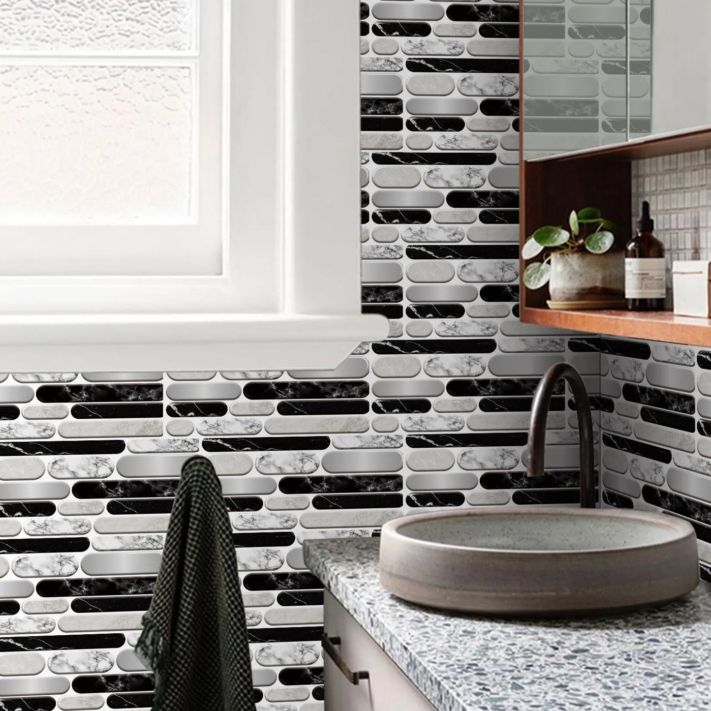 Anyhouz Wallpaper Black Gray 12 Pcs Waterproof Self Adhesive Removable Wall Sticker