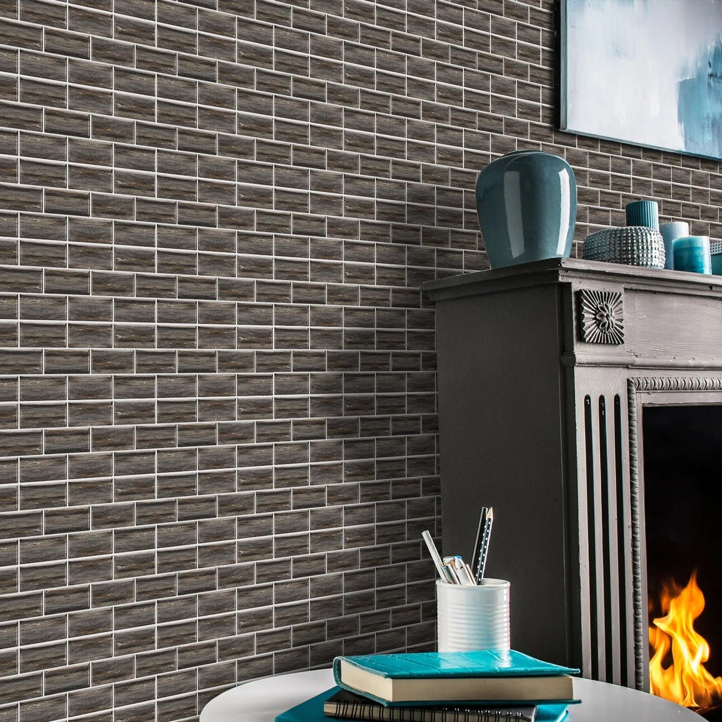 Anyhouz Wallpaper Light Gray 12 Pcs Waterproof Self Adhesive Removable Wall Sticker