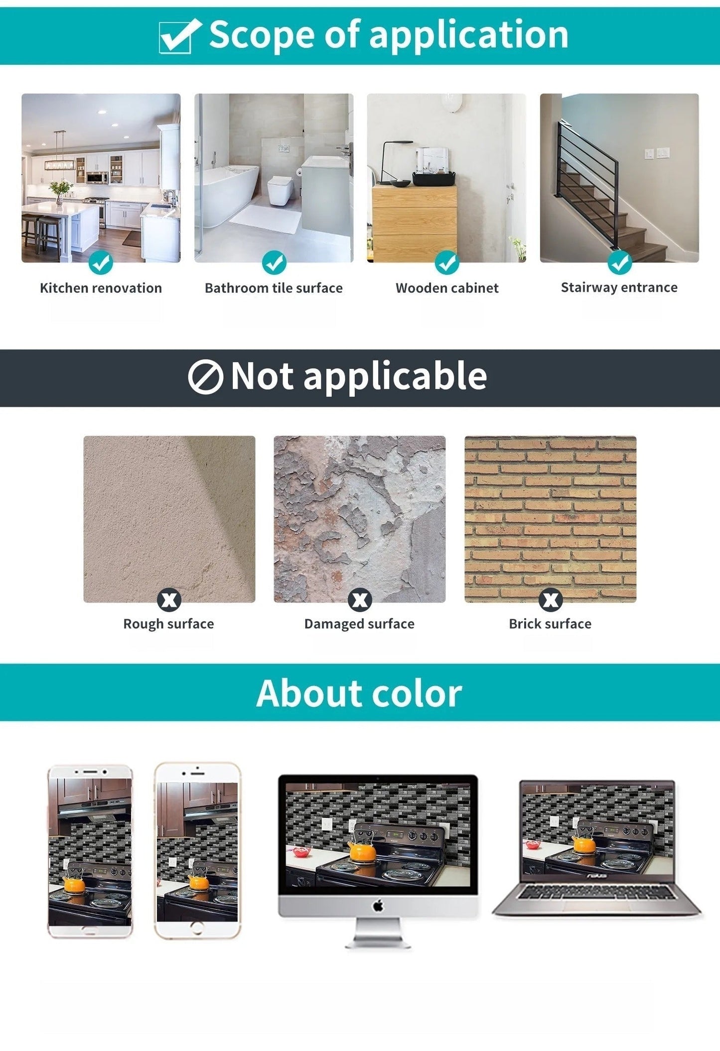 Anyhouz Wallpaper Black Light Gray 12 Pcs Waterproof Self Adhesive Removable Wall Sticker