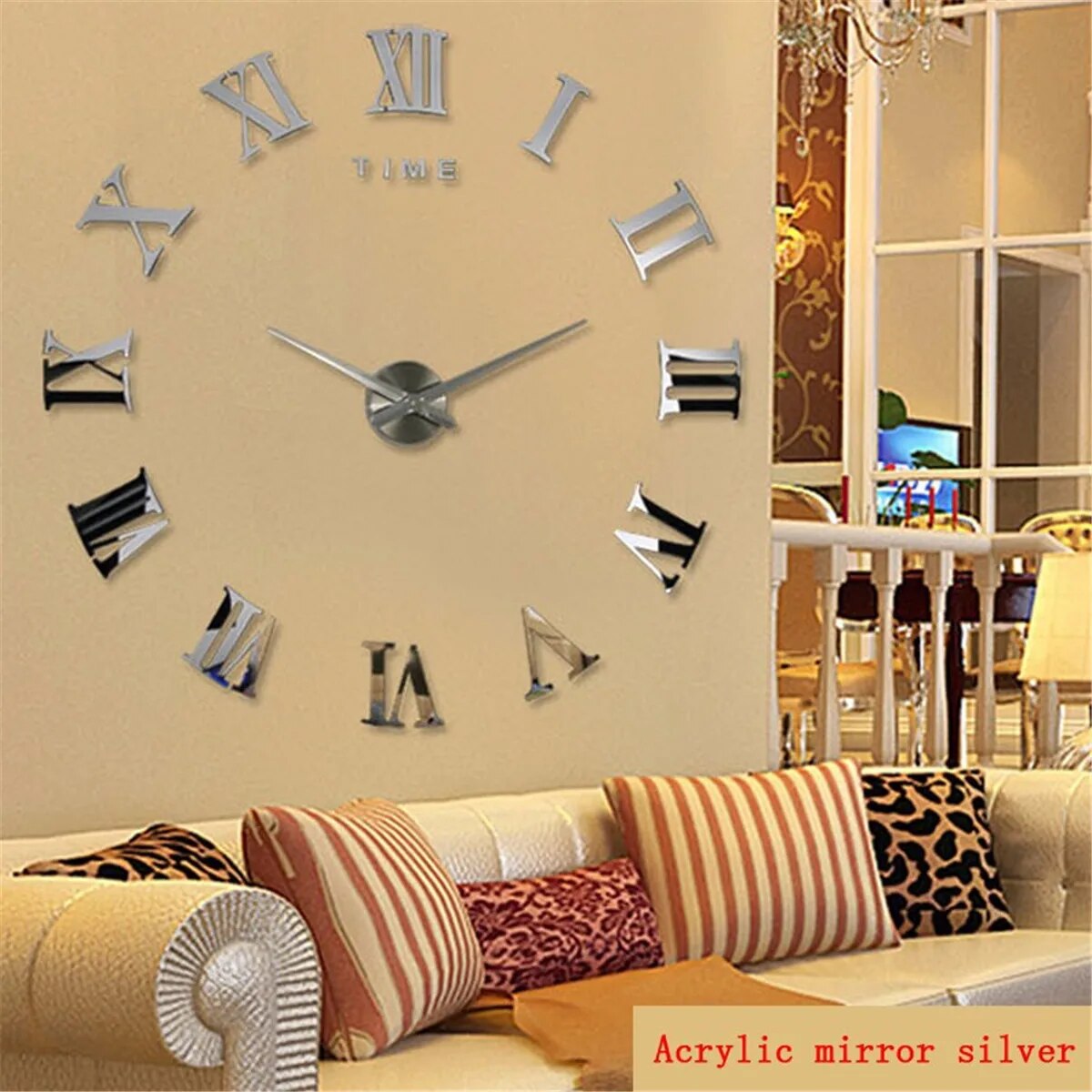 Anyhouz Wall Clock Silver Design 5 27 Inch 3D Diy Mirror Wall Clock Acrylic Sticker
