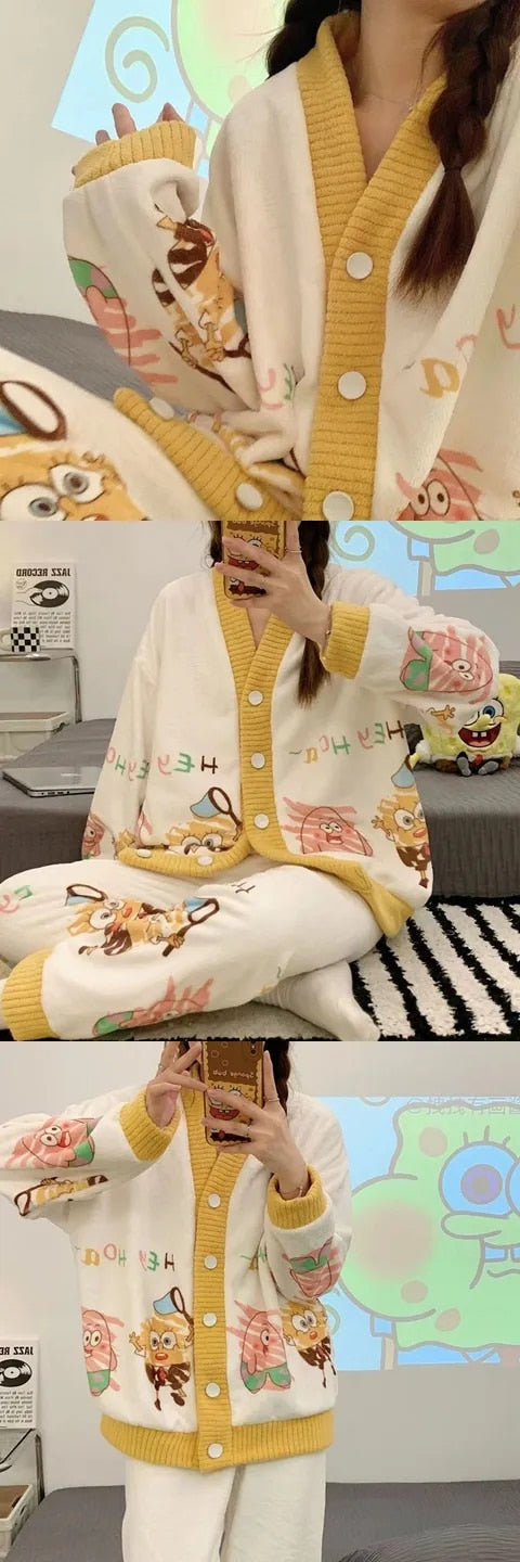 Anychic Pajama Set White Yellow Spongebob Large Thickened Coral Cardigan Nightwear Cartoon Flannel Home Wear Outworn Homewear Suit