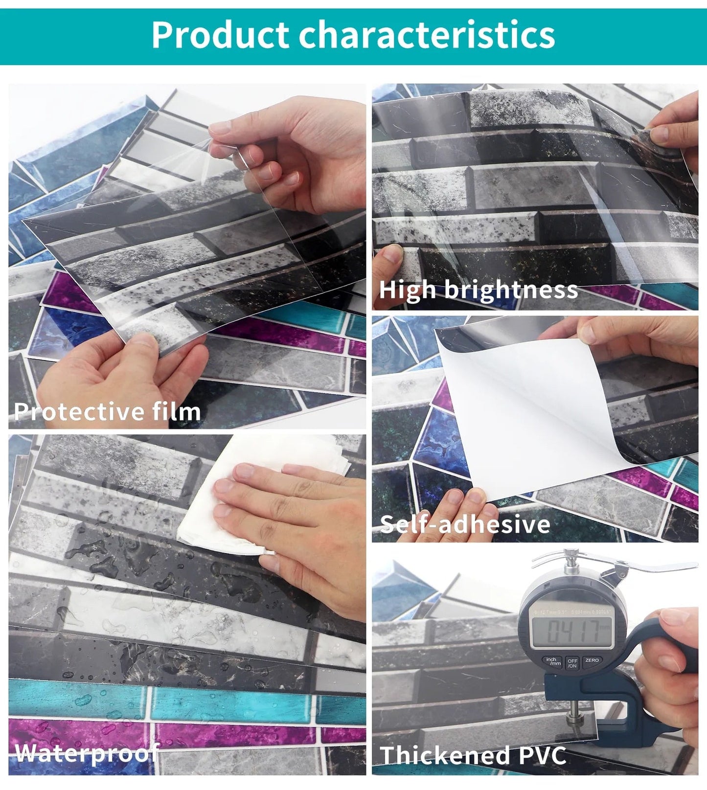 Anyhouz Wallpaper Light Gray 12 Pcs Waterproof Self Adhesive Removable Wall Sticker