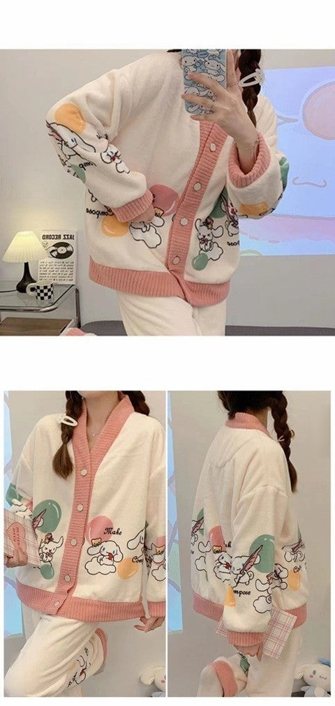 Anychic Pajama Set Pink White Bunny Large Thickened Coral Cardigan Nightwear Cartoon Flannel Home Wear Outworn Homewear Suit
