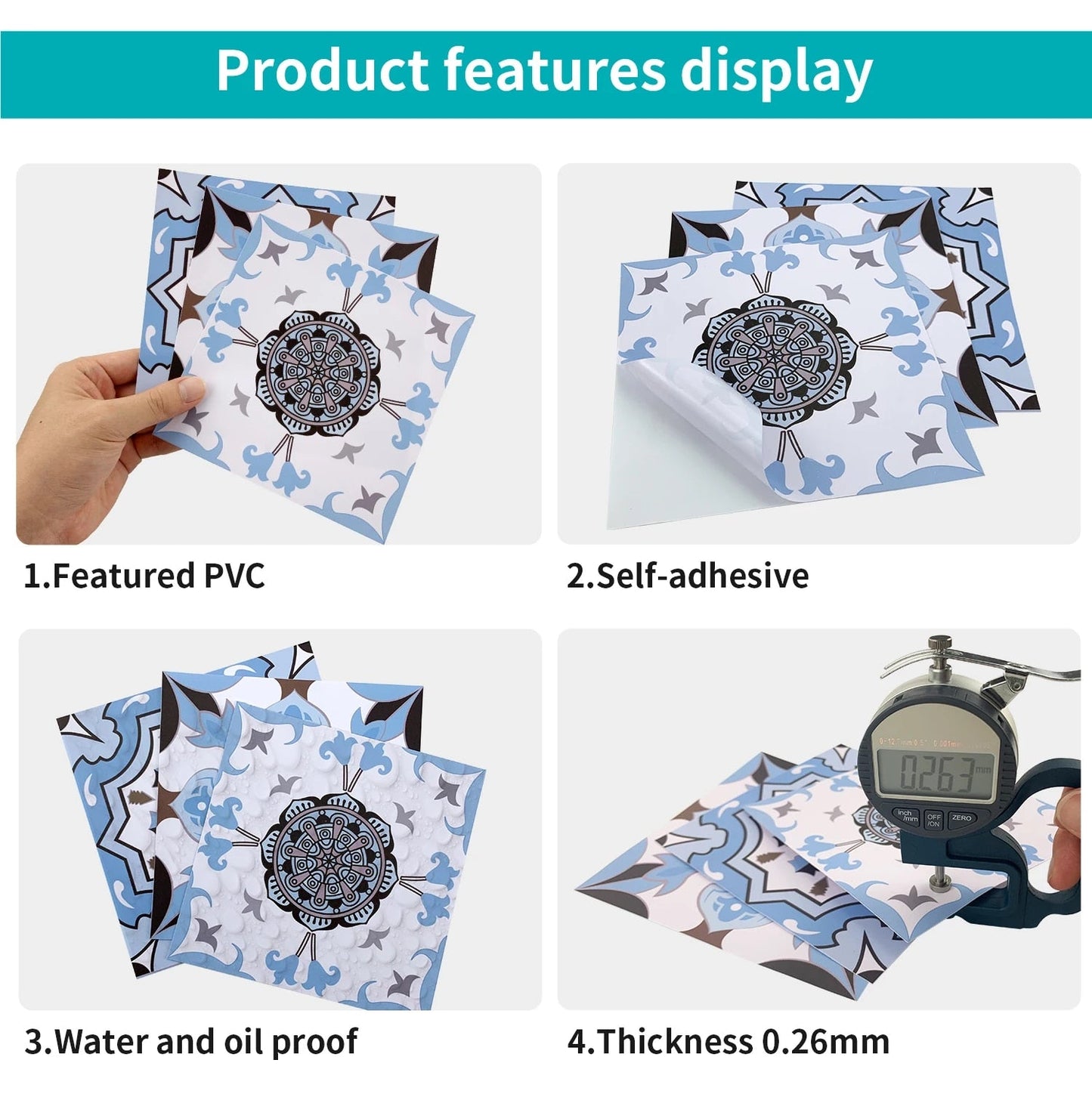 Anyhouz Wallpaper Teal 10cmx10cm 24 Pcs Modern Retro Style PVC Tile Stickers