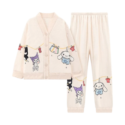 Anychic Pajama Set White Blue Bunny Large Thickened Coral Cardigan Nightwear Cartoon Flannel Home Wear Outworn Homewear Suit