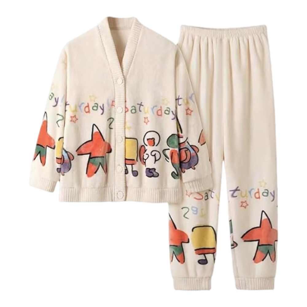 Anychic Pajama Set White Spongebob Large Thickened Coral Cardigan Nightwear Cartoon Flannel Home Wear Outworn Homewear Suit