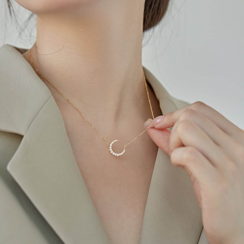 Anyco Necklace Gold Jewelry 925 Sterling Silver 18K Gold Plated Rhinestone Moon Design