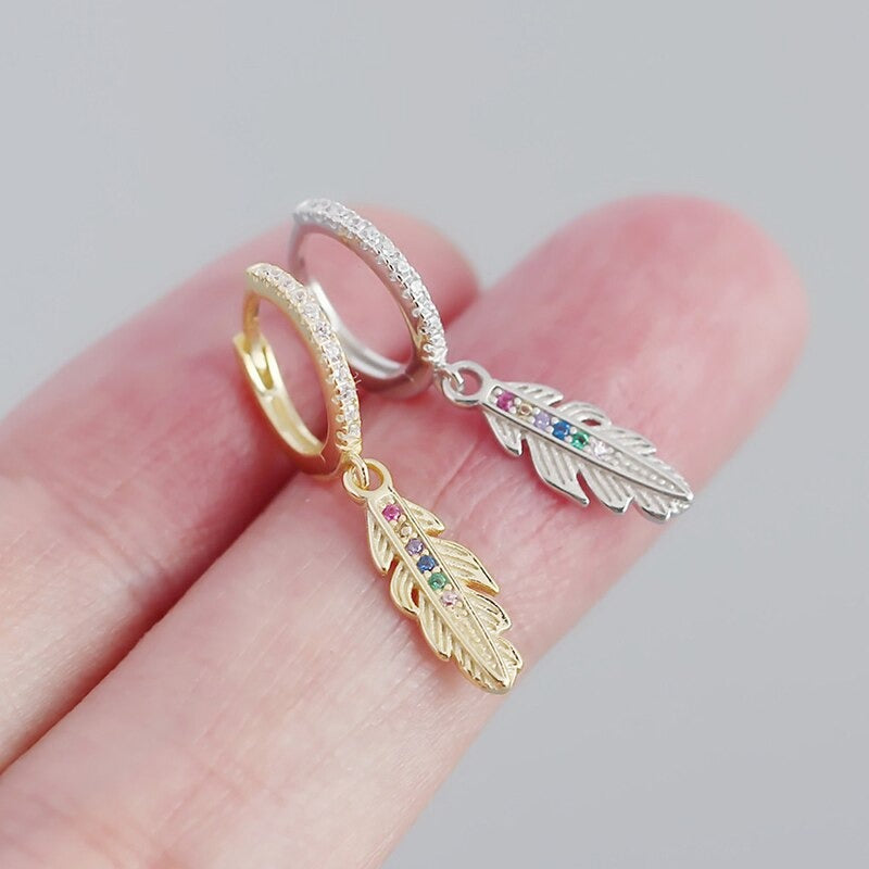 Anyco Earrings Luxury Zircon Feather Pendant Sterling Silver Drop Fashion