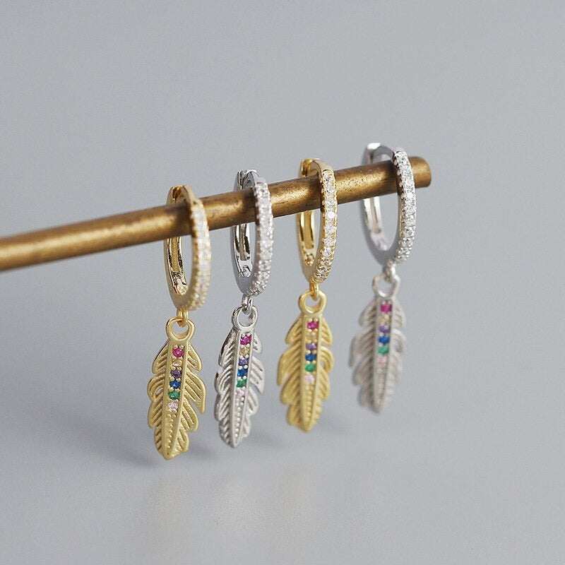 Anyco Earrings Luxury Zircon Feather Pendant Sterling Silver Drop Fashion