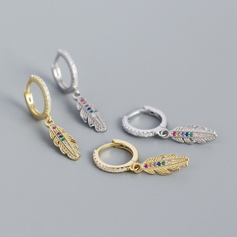 Anyco Earrings Luxury Zircon Feather Pendant Gold Drop Fashion